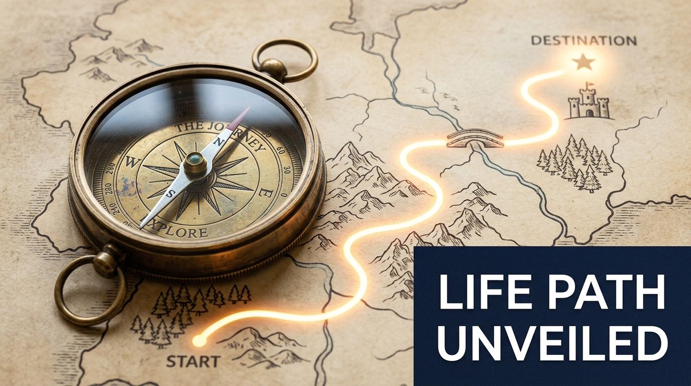 A vintage compass resting on an old map showing a glowing path from start to destination.