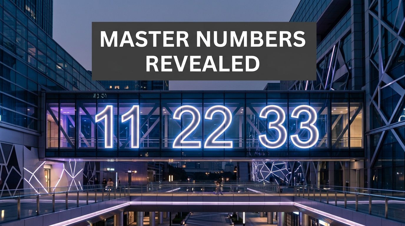 A modern glass walkway in an office complex illuminated with large glowing master numbers 11, 22, 33.