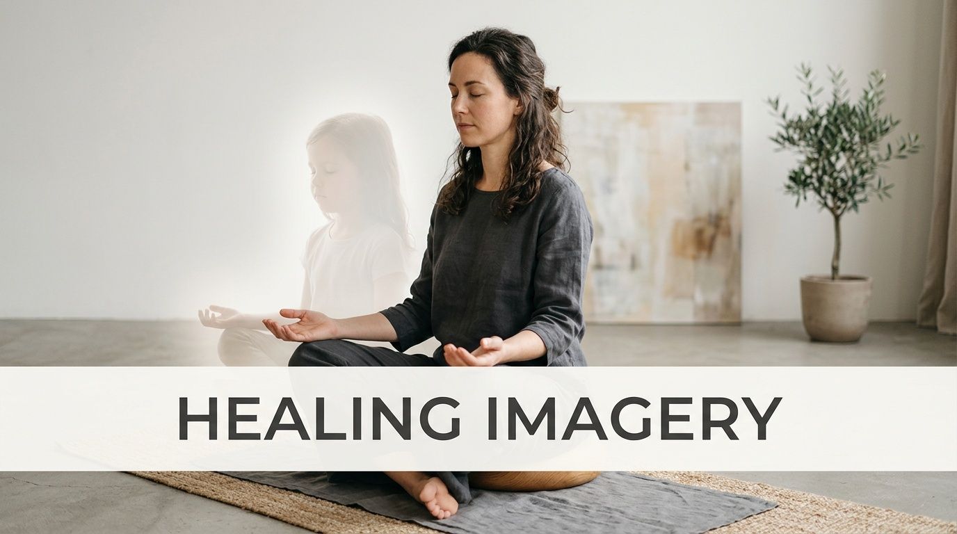 A woman meditating on a mat with a translucent image of a child next to her.
