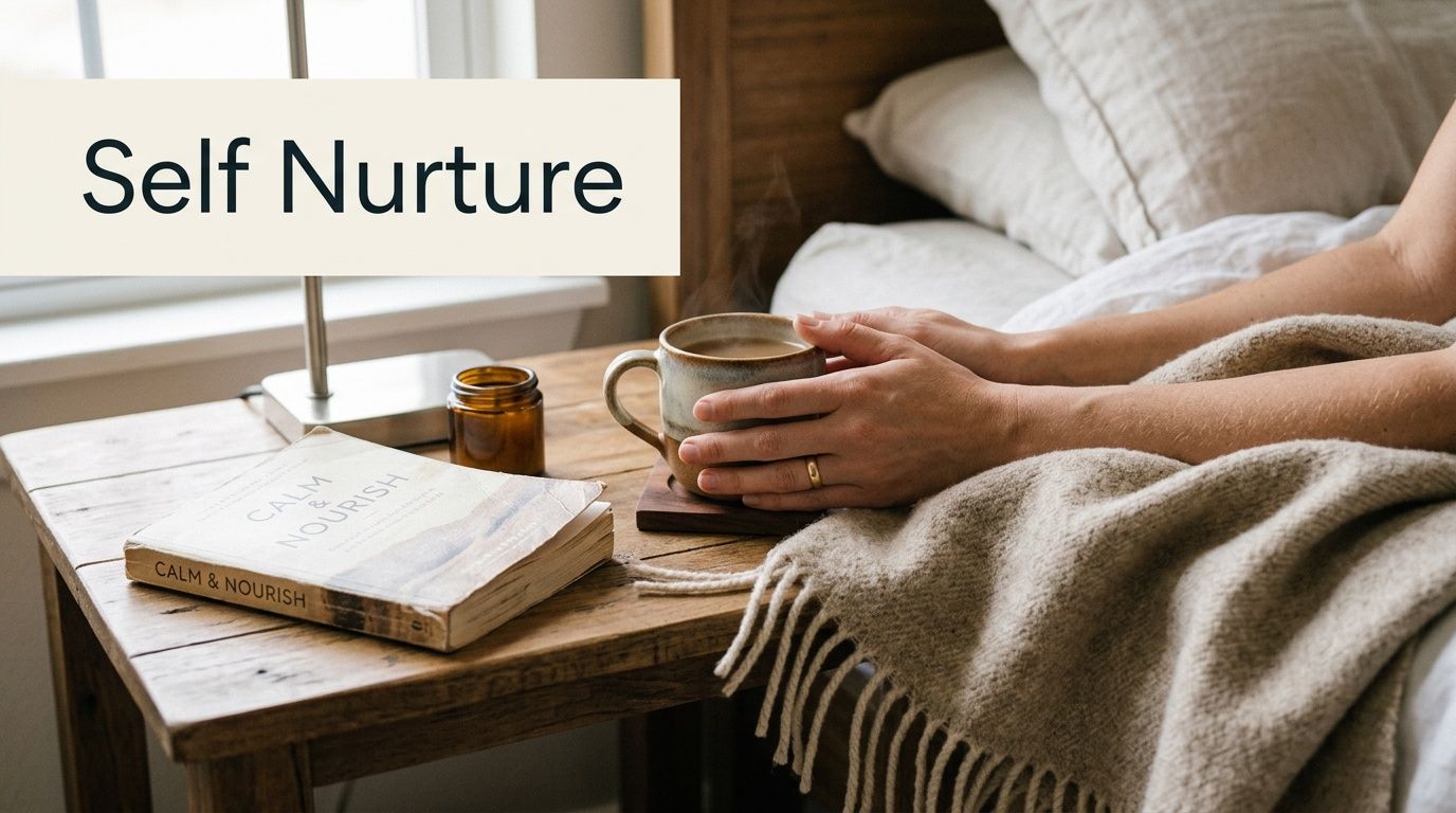 A person holding a warm mug while sitting comfortably in bed next to a book and candle.