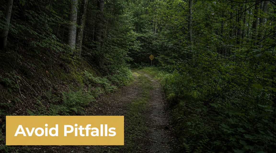 A narrow dirt path leading through a dense, lush green forest with a yellow warning sign ahead.