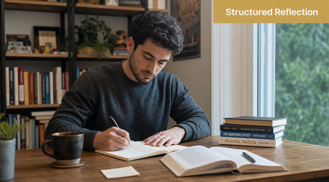 A focused man writing in a journal at a desk with books and coffee.