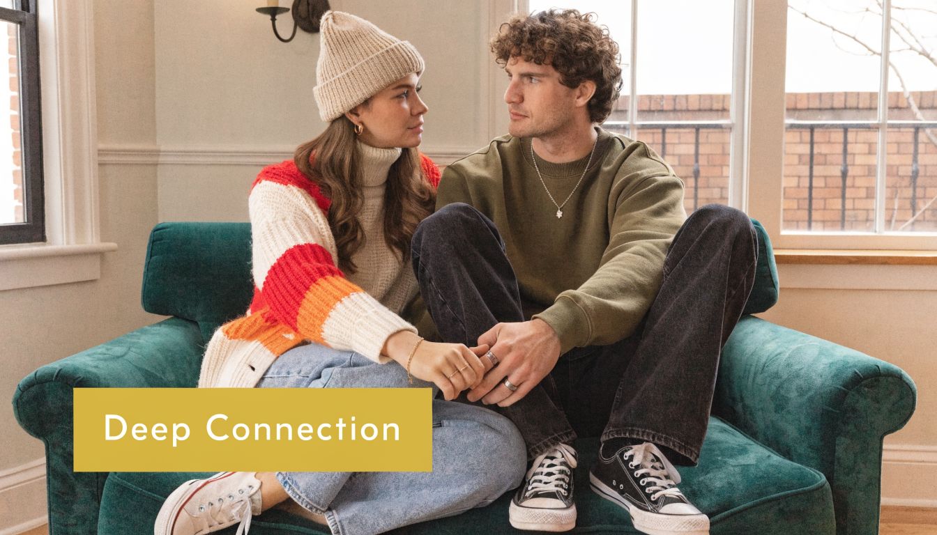 A young couple sitting together on a teal couch, holding hands and looking deeply into each other's eyes.
