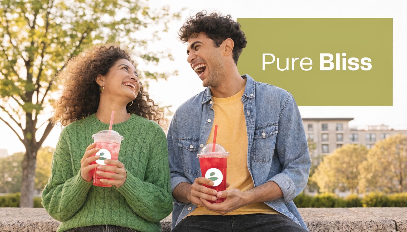 A happy young couple smiling and drinking refreshing beverages outdoors during a sunny day together.