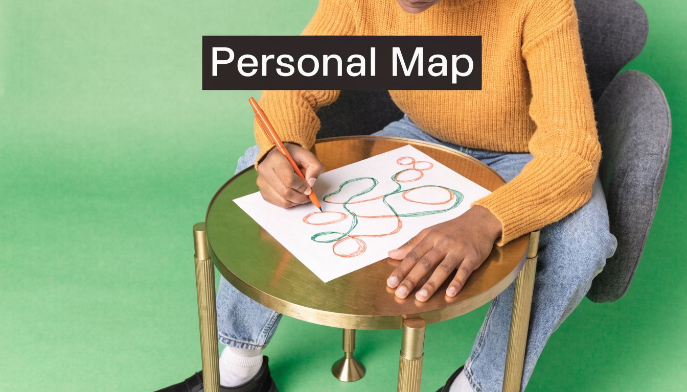 A person drawing abstract lines on a piece of paper on a small round golden table.
