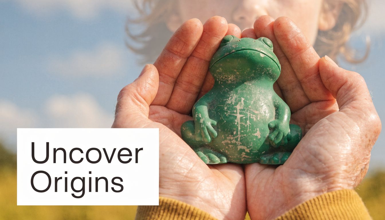 A close-up of hands cupping a small, weathered green toy frog with the text Uncover Origins.