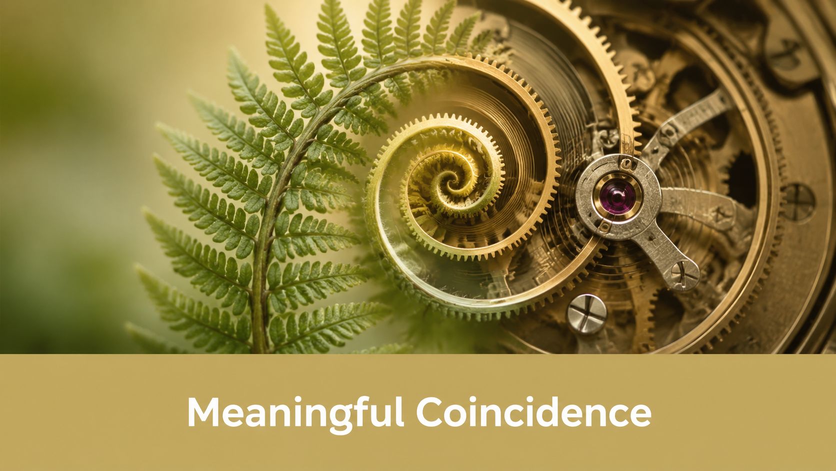 A close-up image showing a fern leaf blending seamlessly into the intricate metal gears of a clock.