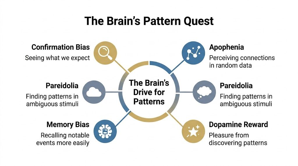 A diagram titled The Brain's Pattern Quest explaining psychological concepts behind our drive to find patterns.
