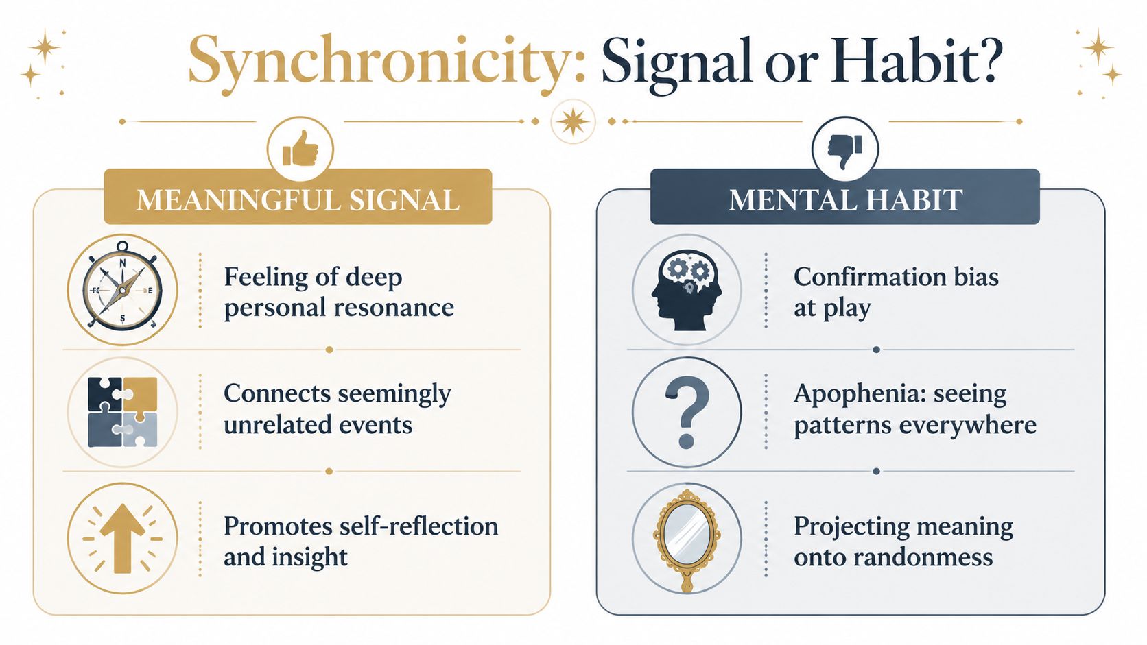 An infographic comparing the concepts of synchronicity as a meaningful signal versus a mental habit.