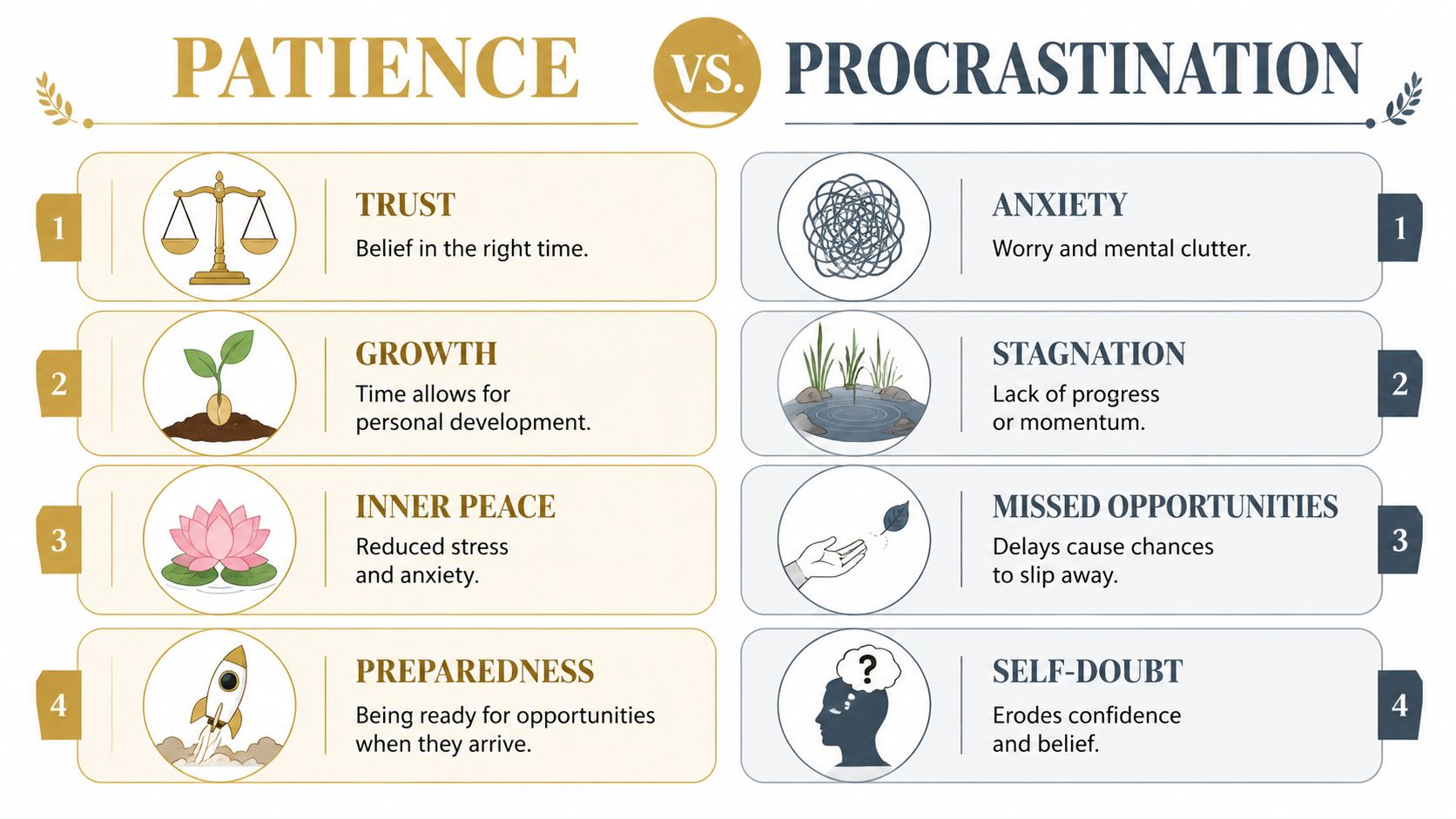 A comparison chart showing the differences between patience and procrastination through four key points and illustrations.