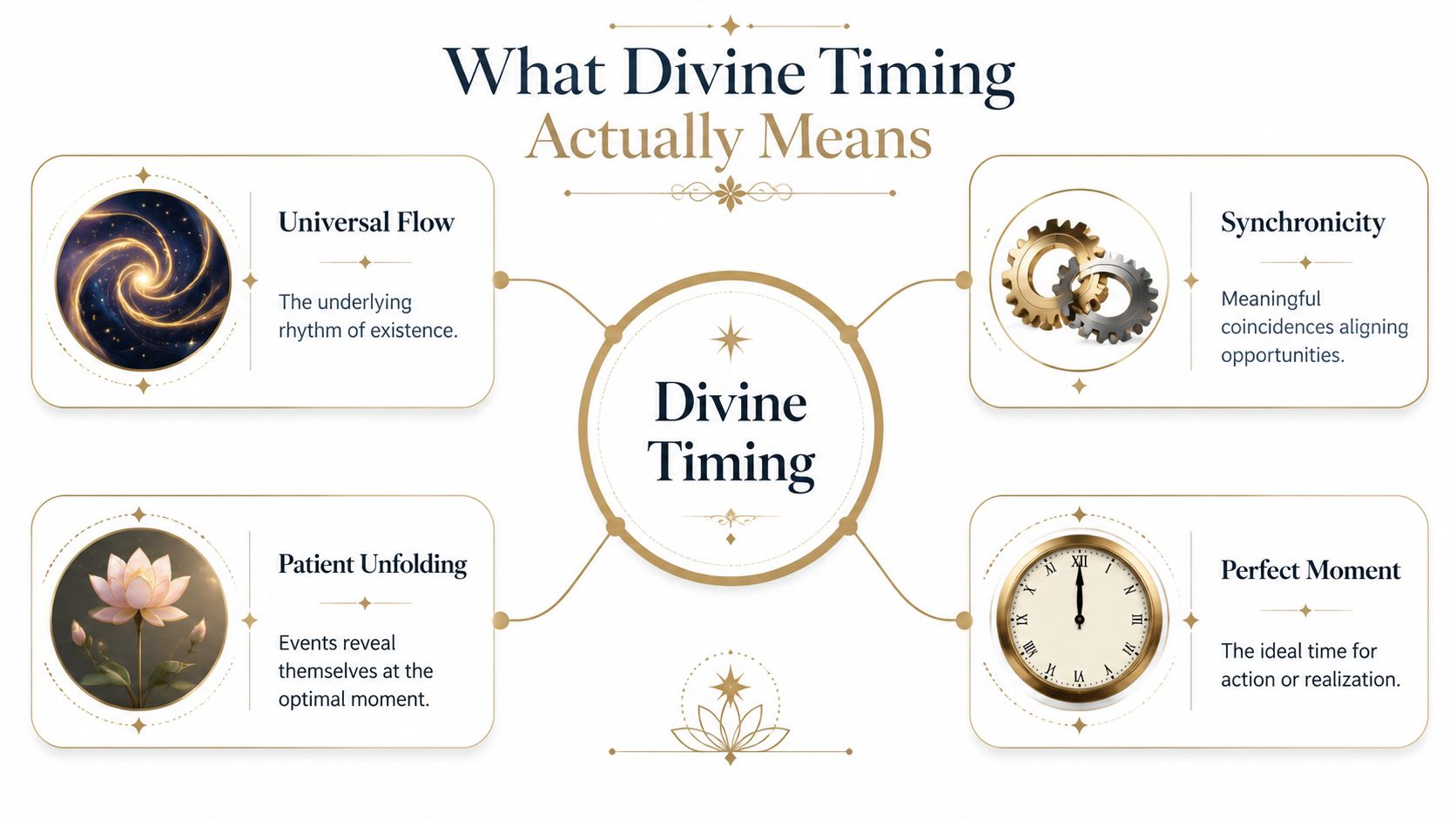 A diagram illustrating the concept of divine timing through four key pillars: universal flow, synchronicity, patient unfolding, and perfect moment.