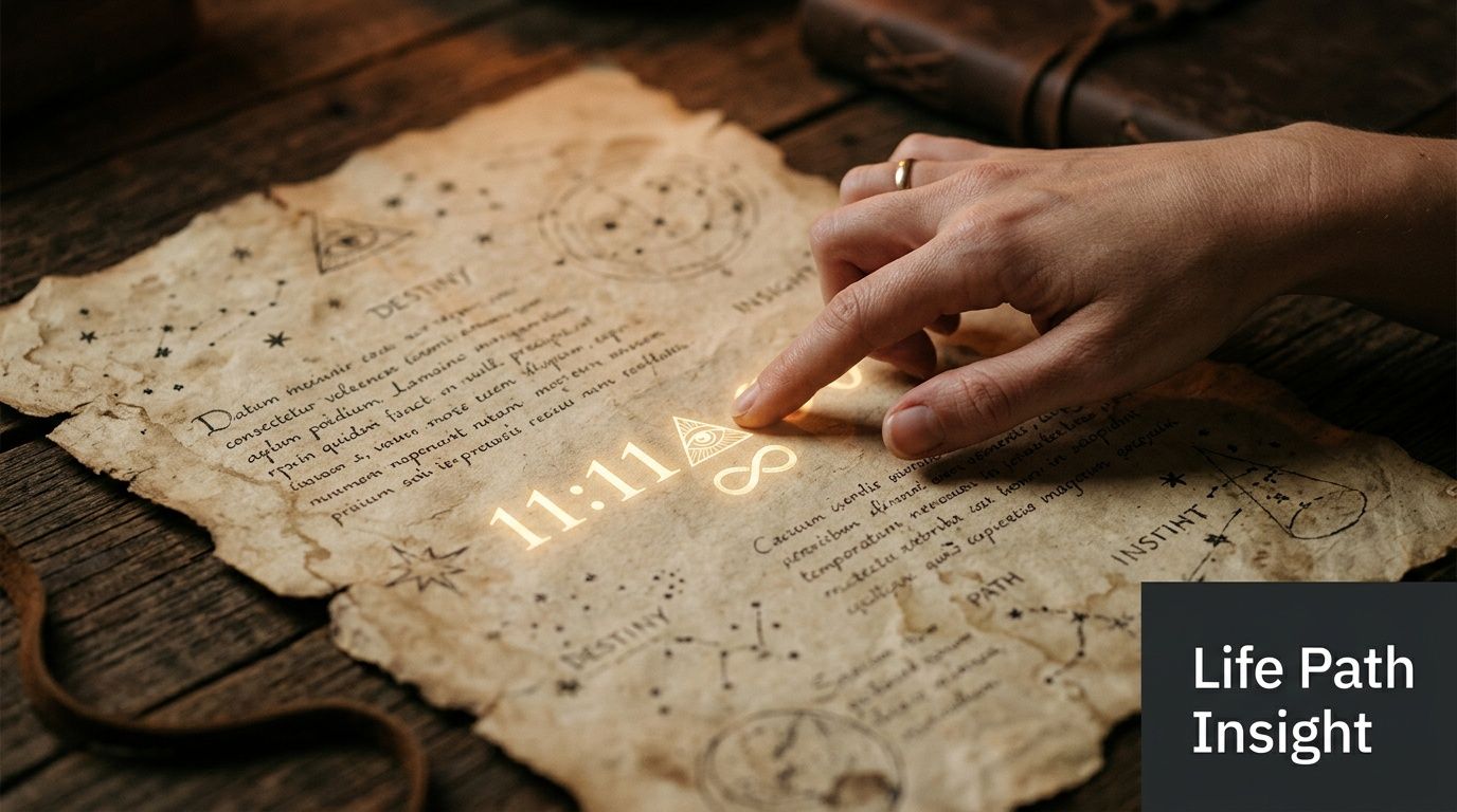 A hand touching a glowing 11:11 symbol on an ancient parchment map about destiny and life path.