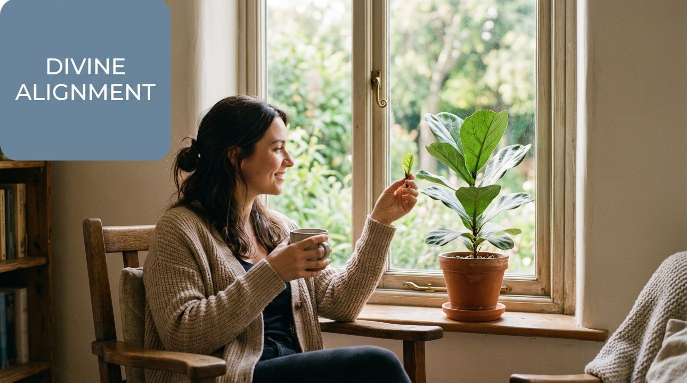 A woman sits by a sunlit window holding a small plant leaf while holding a coffee mug.