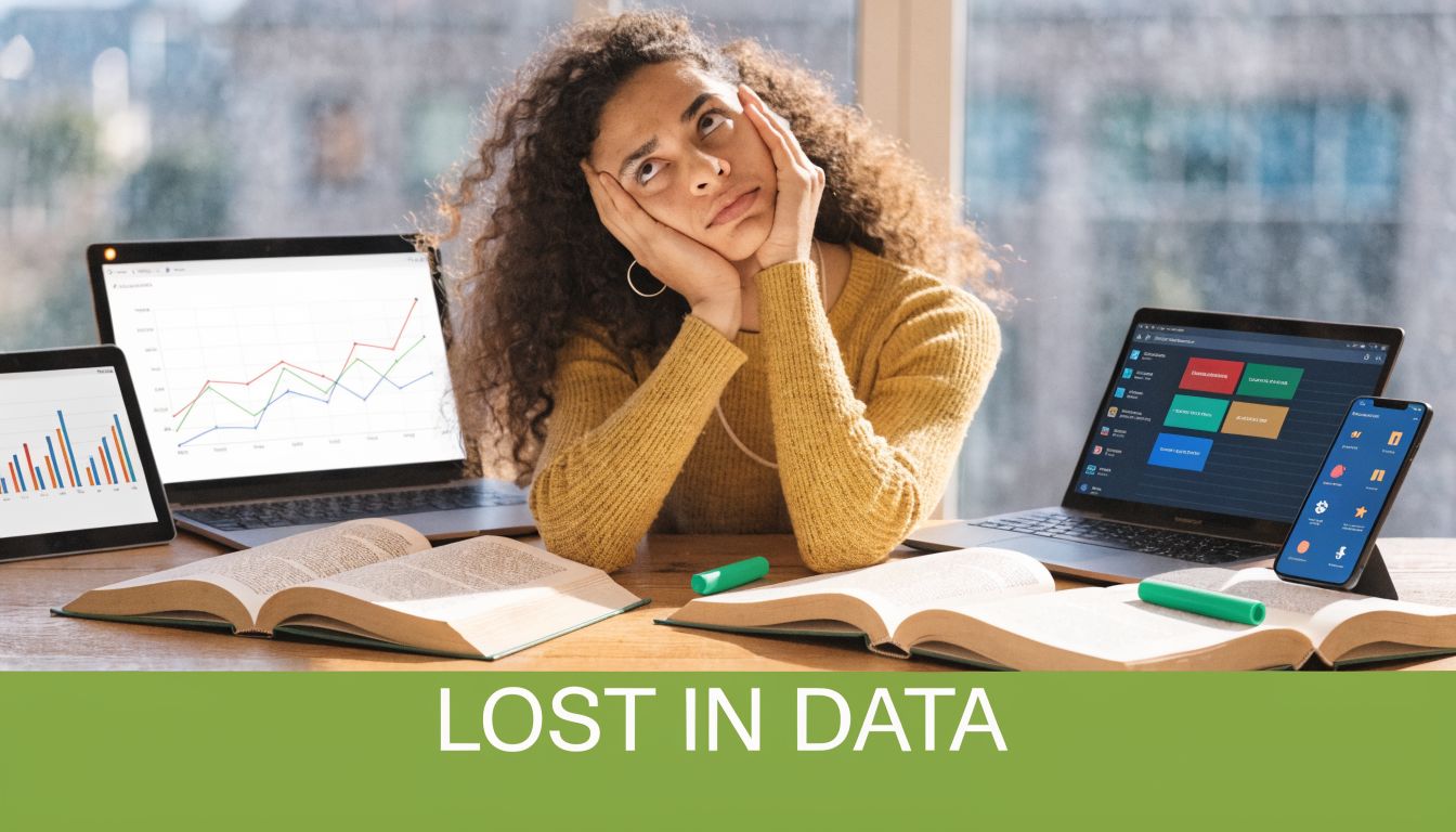 A woman looks stressed while studying complex data charts across multiple laptops, a tablet, and open books.