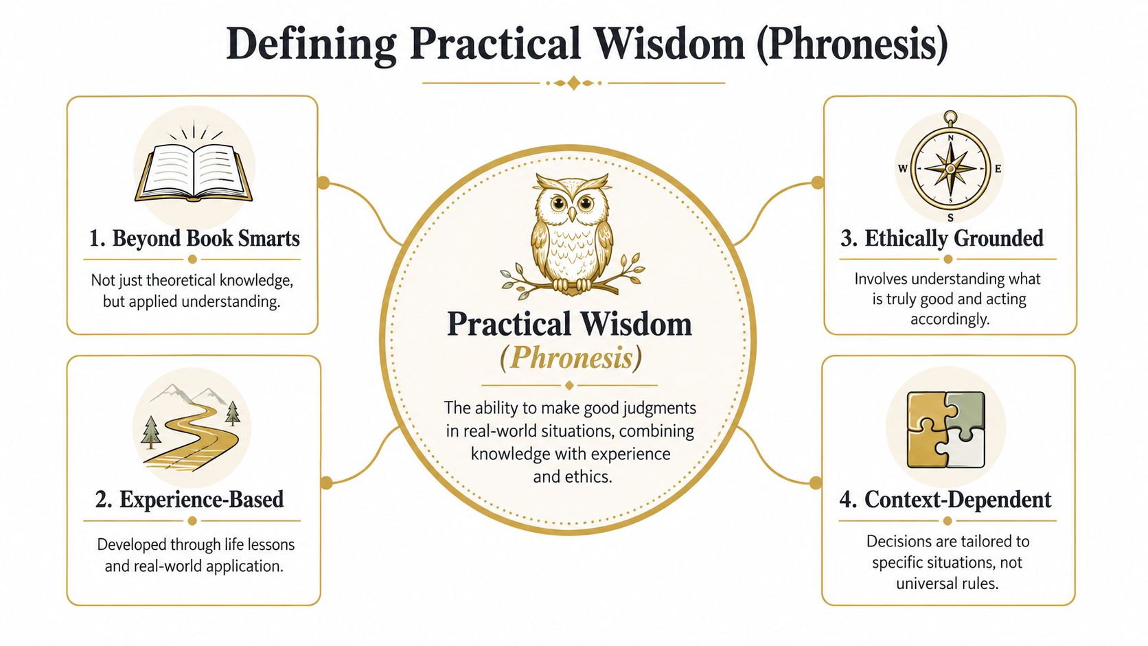 A diagram defining practical wisdom or phronesis through four core concepts: beyond book smarts, experience, ethics, and context.