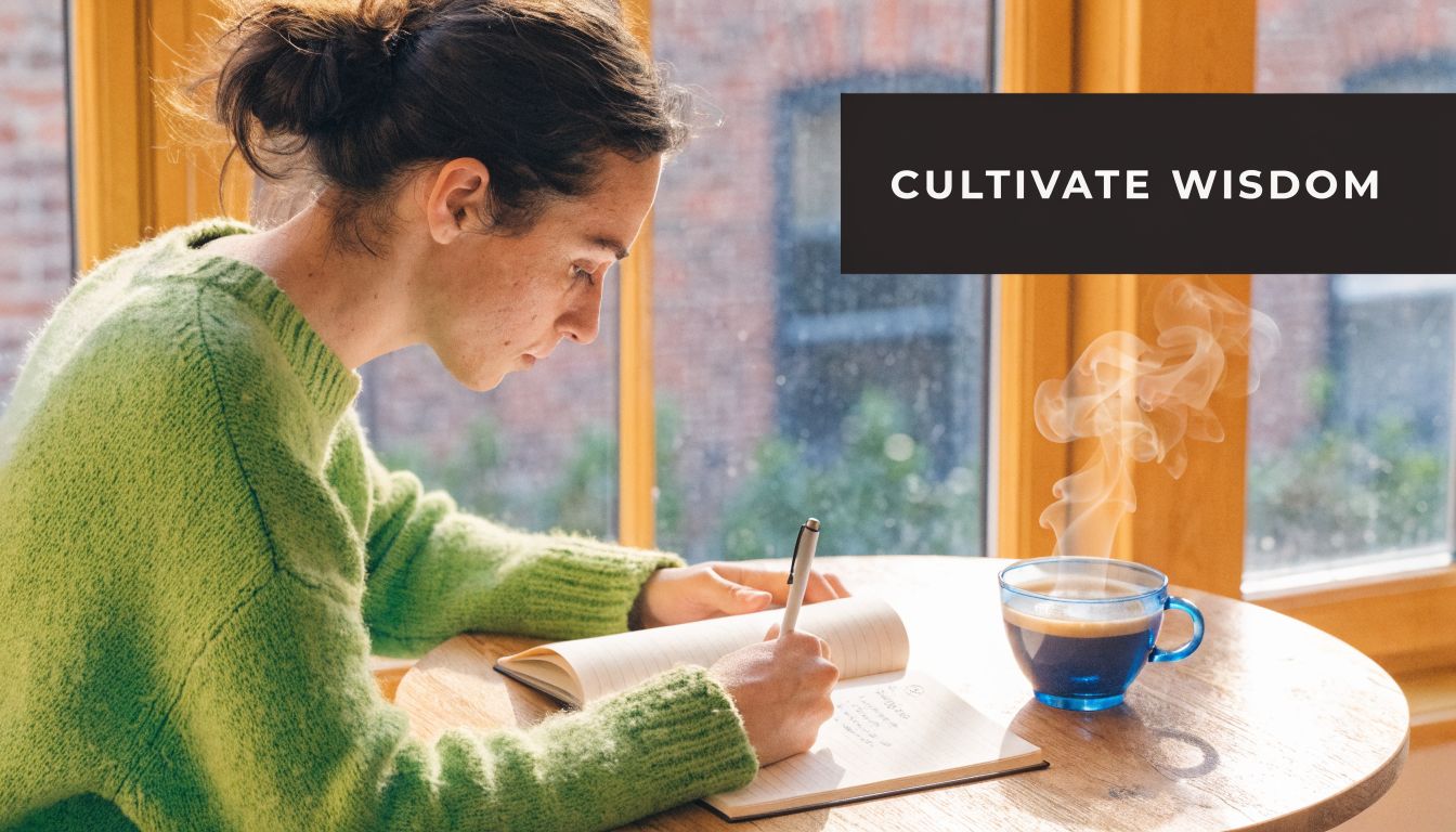 A woman wearing a green sweater writes in her journal next to a steaming cup of coffee.