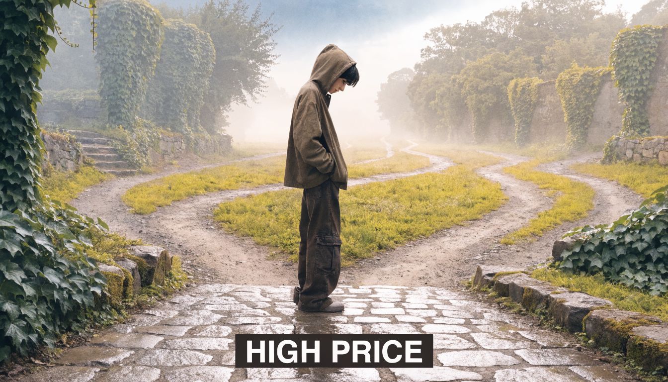 A person in a hooded jacket stands at a fork in a foggy, overgrown stone path.
