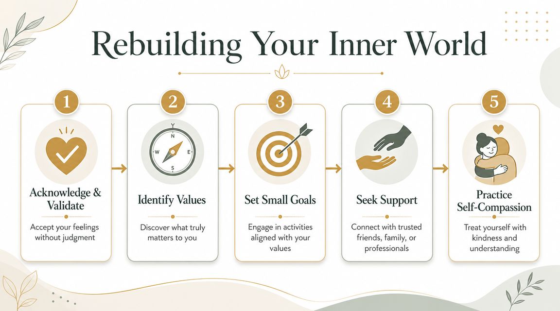 A five-step guide for rebuilding your inner world, featuring advice on emotional healing and self-growth.