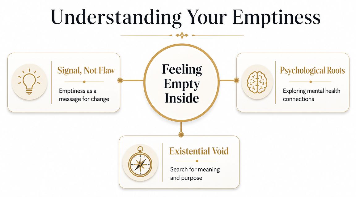 An infographic titled Understanding Your Emptiness explaining feelings of emptiness through psychological, existential, and signal-based perspectives.