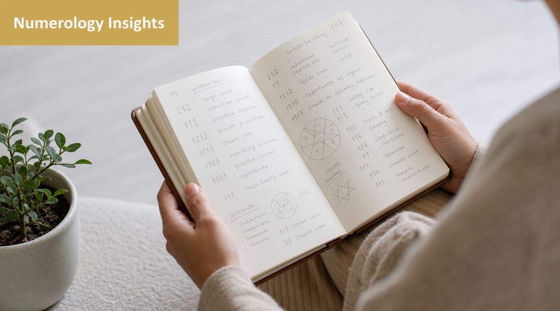A person sitting on a sofa while reading a handwritten numerology journal filled with spiritual number sequences.
