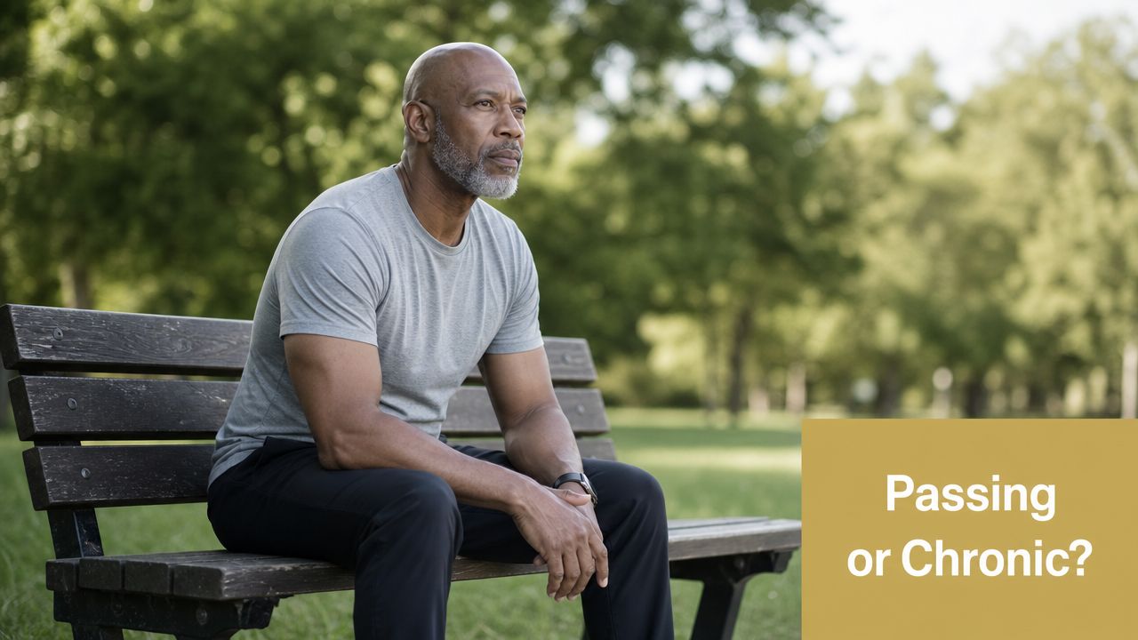 A pensive middle-aged Black man sitting alone on a wooden bench in a park during the day.