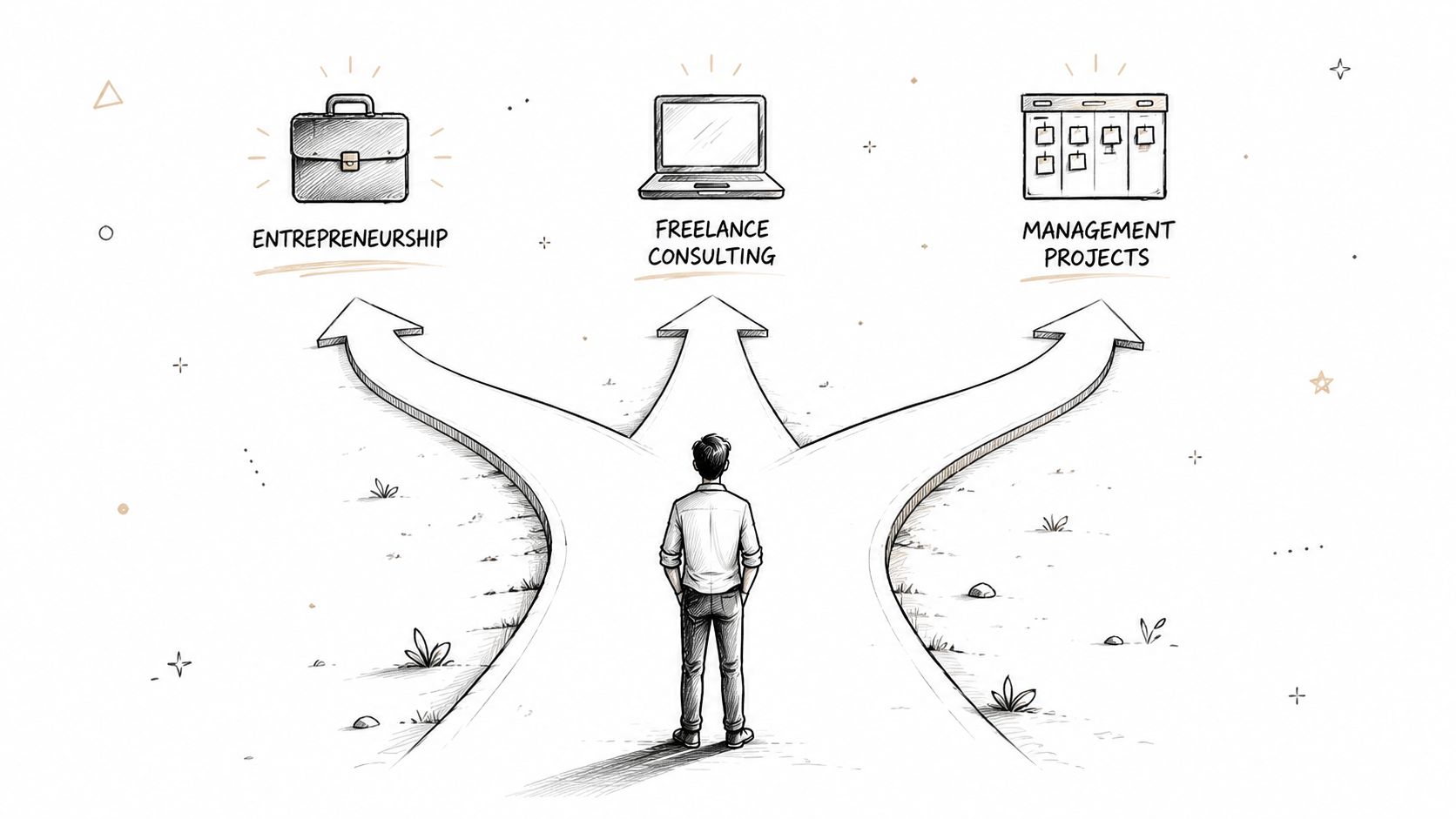 A person standing at a crossroads choosing between entrepreneurship, freelance consulting, and project management career paths.