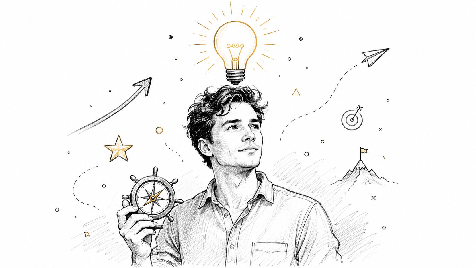 A sketched illustration of a man holding a compass with a glowing lightbulb above his head.
