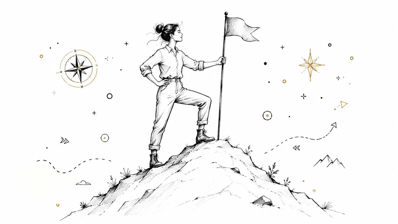 A line art illustration of a confident woman standing on a mountain peak holding a flag.